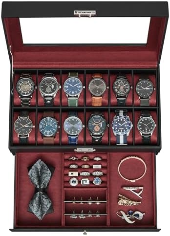 SONGMICS 12-Slot Watch Box, Lockable with Glass Lid, 2 Layers Watch Case by SONGMICS