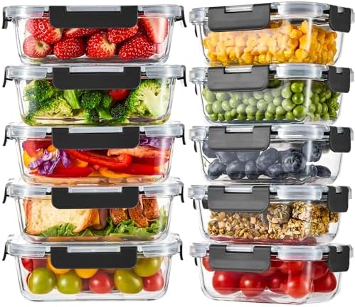 Liuruiyu 10 Pack Glass Food Storage Containers with Lids, Meal Prep Containers, Airtight Bento Boxes with Leak Proof Locking for Microwave, Oven, Freezer and Dishwasher, BPA Free by Liuruiyu