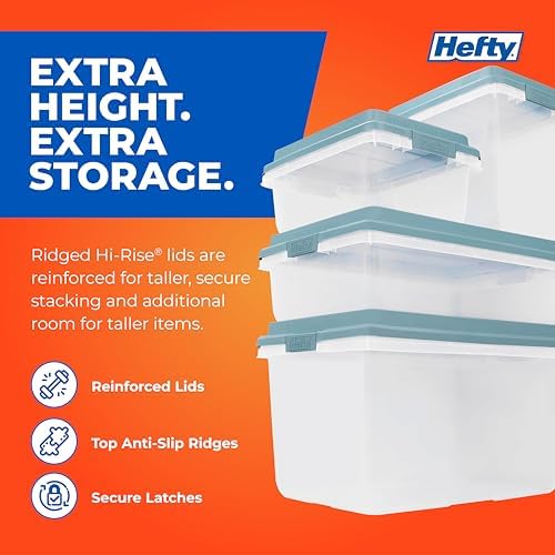 Hefty 6.5 Qt Hi-Rise Storage Bin with Lid, Stackable Plastic Storage Container, Organizer for Home, Office & Classroom, 8 Pack, Smoke Blue - Image 5