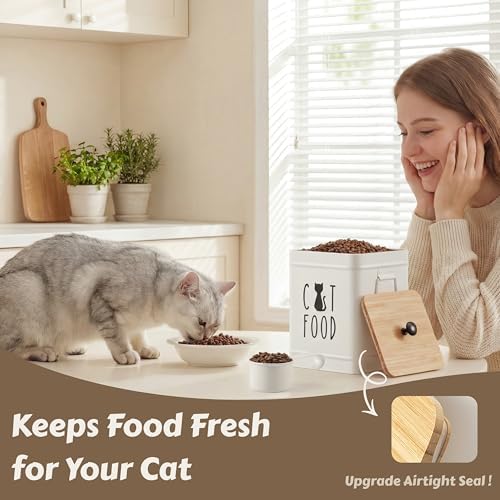 PERFNIQUE Cat Food Storage Container, Airtight Cat Treat Container with Bamboo Lid, Pet Food Storage for Kitchen Countertop, Treat Jars for Pets, Cat Food Container (White, with Spoon) - Image 2