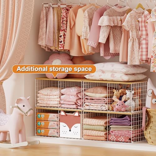 2 Pack Stackable Closet Organizers and Storage, 4 Cube Closet Shelves with Wood Top Board for Extra Clothes Storage, Small Metal Closet Shelf Organizer Bins Baskets for Sweater Sweatshirt Jeans, White - Image 4