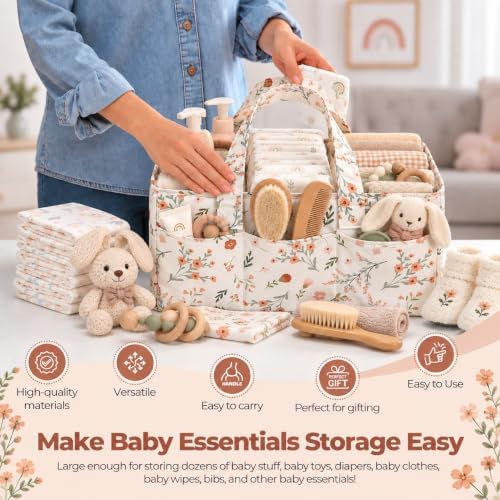 PeraBella Baby Diaper Caddy Organizer, Floral Baby Basket Shower Gift, Nursery Organizer Basket Newborn Boy & Girl Essential Items, Changing Table Organizer Caddy for Baby Stuff, Car Caddy- Wildflower - Image 5