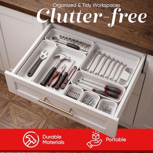 Masirs Interlocking Drawer Organizer Bins - Durable Plastic, Various Sizes for Custom Layout Design. Great for Desk Drawer, Tool Box or Garage Organization. (White | 8-Piece Set) - Image 5