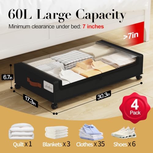 Yecaye 60L Under Bed Storage with Wheels, 4 Pack, Black - Image 2