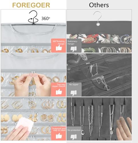 FOREGOER Hanging Jewelry Organizer 88 Zippered Pocket, 2-Sided,1 Pack Gray - Image 4