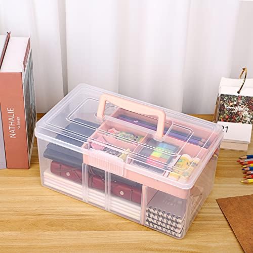 BTSKY 2 Layer Clear Plastic Dividing Storage Box with Removable Tray Multipurpose Stationery Storage Box with Handle Portable Sewing Boxes Art Craft Supply Organizer Home Utility Box(Big Pink) - Image 2
