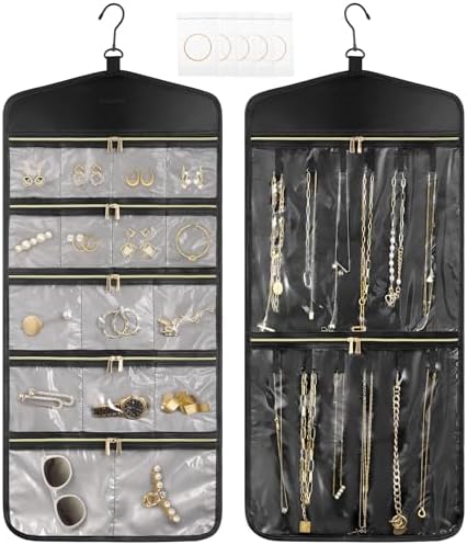 CHICECO Travel Jewelry Holder Organizer,Hanging Jewelry Organizer Storage with Zippered Pockets for Cloest,Jewelry Holder for Earrings, Necklaces (Grey Black) by CHICECO