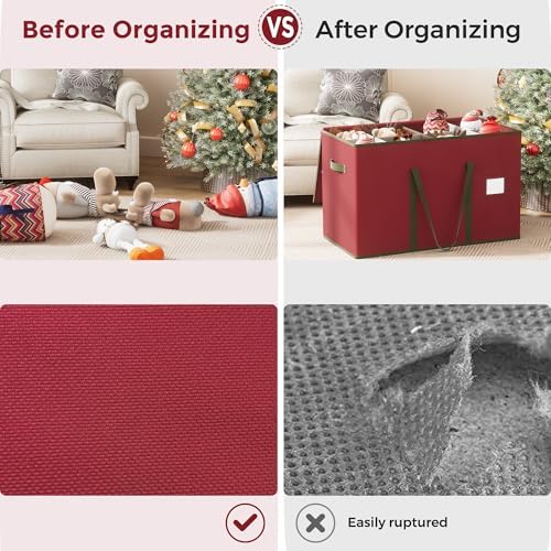 Christmas Figurine Storage Box for 15-Inch Figurines and Nutcrackers, Holiday Decor Organizer with Adjustable Dividers, 8 Slots and 2 Pockets, Dual Zippers, 600D Oxford, 24.8"x12.2"x15.2" ,Red - Image 6