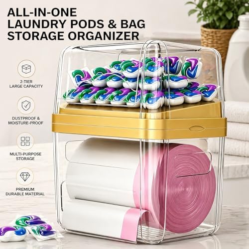 2-in-1 Trash Bag Dispenser & Laundry/Dishwasher Pods Container, Clear Acrylic Garbage Bag Holder with Removable Lids, Under Sink Organizer Kitchen Pantry Storage Box - Image 3