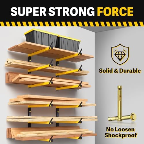 GREENER Lumber Storage Rack Folding Wood Storage Racks Wall-Mounted Metal Racks for Storage with 3-Level Heavy Duty Garage Wood Organizer for Woodworking Shop Indoor & Outdoor Use, 4 pairs,Yellow - Image 6