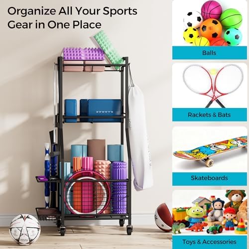Sports Equipment Storage Rack with Wheels, 3-Tier Ball Organizer - Image 5