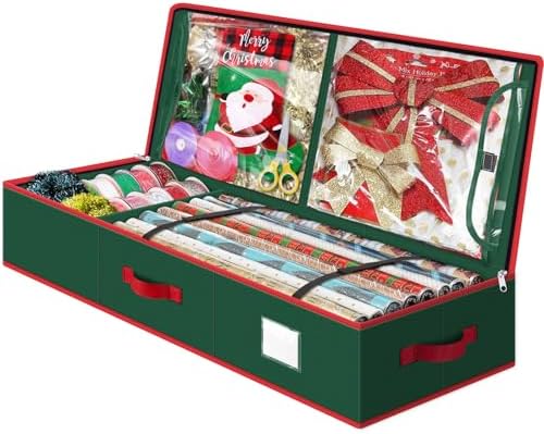 Fabspace Christmas Wrapping Paper Storage Containers, 40 Inch Gift Wrap Organizer, Visible Supplies Pockets for Xmas Accessories, Underbed Storage for Christmas Decorations, Green by Fabspace