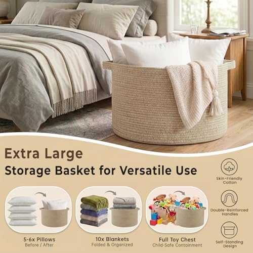 OIAHOMY 90L Extra Large Blanket Basket - Decorative Cotton Rope Storage Basket for Bedroom, Living Room & Nursery - Woven Laundry Hamper for Organizing Blankets, Clothes & Toys - Brown - Image 3