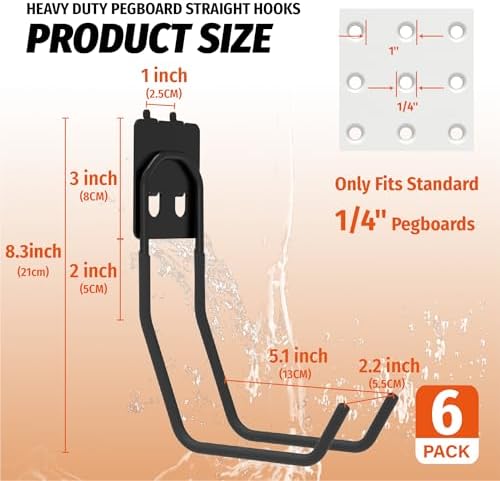 HUHOLE 6 Pack Large Double Arm Pegboard Hooks for 1/4 Inch Pegboard - Image 5