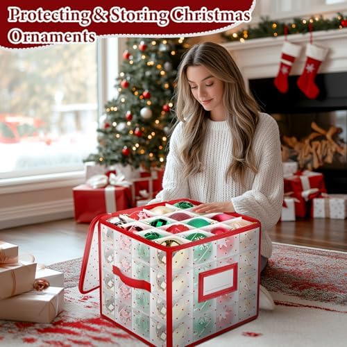 BlessedSeason Christmas Ornament Storage Box with Adjustable Dividers, Store up to 64 3-inch or 36 4-inch Christmas Ornaments, Plastic Xmas Storage with Zippered Closure & Two Handles - Image 3