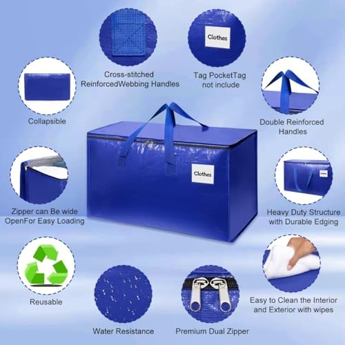 6 Pack Extra Large Heavy Duty Moving Bags with Reinforced Zippers & Wide Carry Handles, Durable Storage Totes for Clothes Packing, Dorm Moves & Home Organization, Blue - Image 3