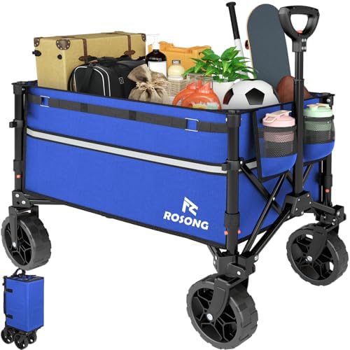 ROSONG Collapsible Wagon Cart with Wheels Foldable - Folding Utility Heavy Duty Wagons Carts for Grocery Sports Garden Shopping Camping Wheelbarrows (Blue, 120L) by ROSONG