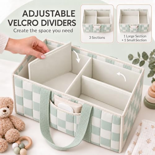 Checkered Diaper Caddy Organizer,Baby Essentials Storage Basket,Green - Image 5