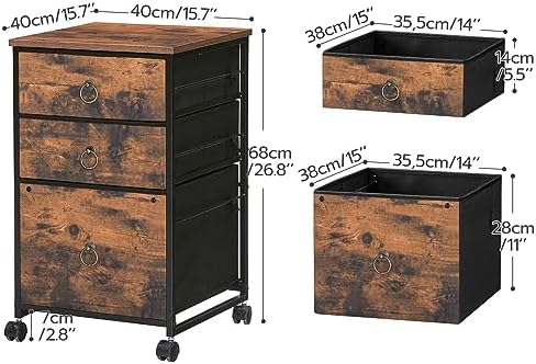 HOOBRO 3-Drawer Mobile File Cabinet, Vertical Filing Cabinet, Under Desk Cart with Drawers for Home Office, Rolling Printer Stand, A4/Letter-Sized, Fabric Drawer, Rustic Brown BF30WJ01 - Image 3