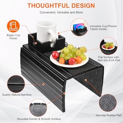 Joy&Grace Sofa Armrest Tray with Large Mug Holder, Bamboo Couch Arm Tray, Anti-Slip Couch Cup Holder Foldable Sofa Arm Table for Eating Drinks Cellphone (Color Black) - Image 4