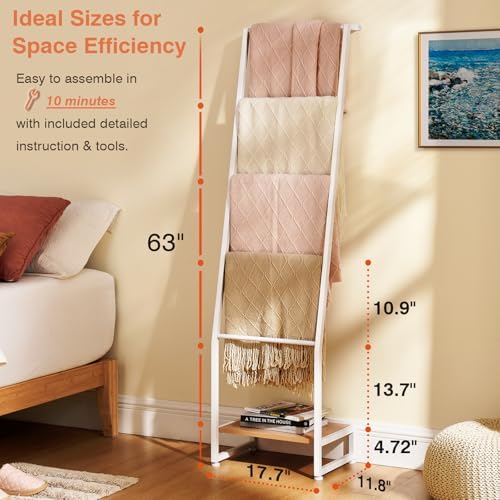 DGWJSU Blanket Ladder, 5 Tier Ladder Shelf,Wooden Blanket Ladders for Living Room and Bedroom, 5.2ft Blanket Holder Rack Farmhouse Ladder Rack for Storage and Home Decor (White) - Image 2
