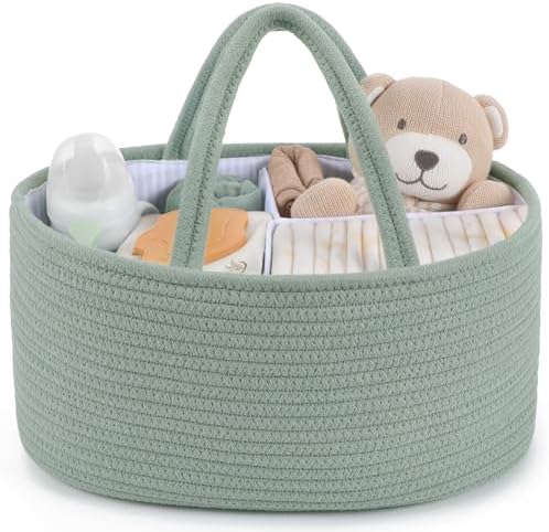 Maliton Diaper Caddy Organizer for Baby, Portable Diaper Storage Organizer for Changing Table and Car, Cotton Rope Nursery Storage Bin Basket for Baby Shower, Newborn Essentials Must Haves - Green by Maliton