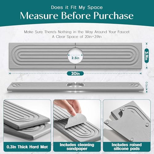 eormoe Faucet Mat for Kitchen Sink - Diatomaceous Earth Faucet Splash Guard, Fast Drying Sink Protector - Water Absorbing Stone for Bathroom Sink (Grey, 20'' x 3.9'') - Image 2