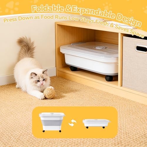 Dog Food Storage Container 25-30lbs, Airtight Pet Food Bin with Transparent Lid, Collapsible Design with Rolling Wheels & Scoop, Space-Saving, Light Gray - Image 5