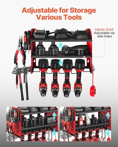 VEVOR Power Tool Organizer Wall Mount, 3-Layer Storage Rack with 4 Drill Holders, Tools Holder and Storage Rack with Side Pegboards, Garage Tool Organizer for Garage, Workbench, and Workshop - Image 3