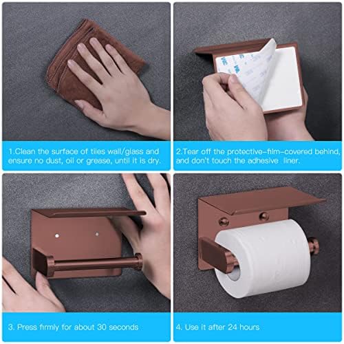 VAEHOLD Self Adhesive Toilet Paper Holder with Phone Shelf Stainless Steel Wall Mounted Toilet Paper Roll Holder - Rustproof and Bathroom Washroom Tissue Roll Holder with Shelf - Red Copper - Image 7
