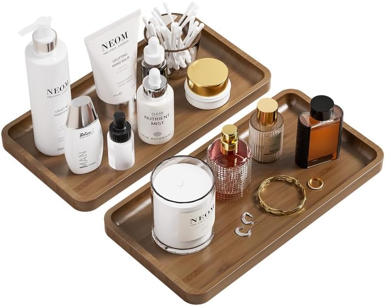 Weenson Bathroom Vanity Tray for Countertop Makeup Jewelry Perfume Decor Candle, Bamboo Kitchen Tray for Soap Dispenser Spice Salt Oil, Brwon Tray for Toilet Tank Coffee Nightstand Set of 2 by Weenson