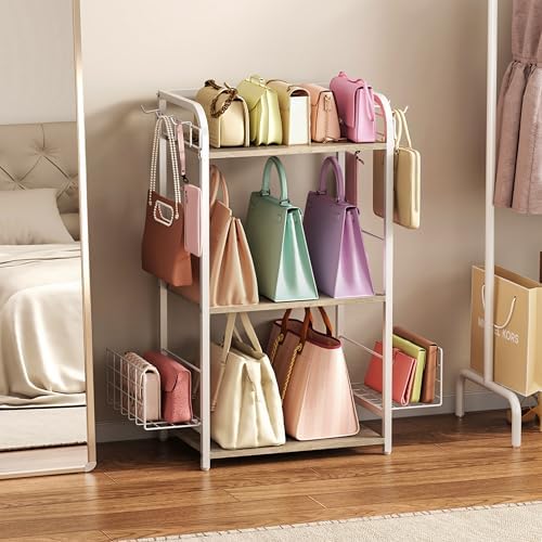 White Purse Organizer, 3-Tier Floor Standing Bag Rack Stand Featuring Side Hooks and Baskets, Adjustable Feets, High Capacity Metal & Wood Handbag Holder Design for Closet Storage, Patent Pending - Image 2