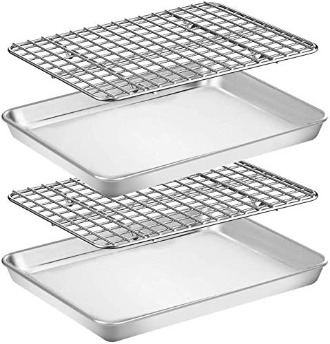 Baking Sheet with Rack Set [2 Pans + 2 Racks], Wildone Stainless Steel Cookie Sheet Baking Pan Tray with Cooling Rack, Size 9 x 7 x 1 Inch, Non Toxic & Heavy Duty & Easy Clean by Wildone