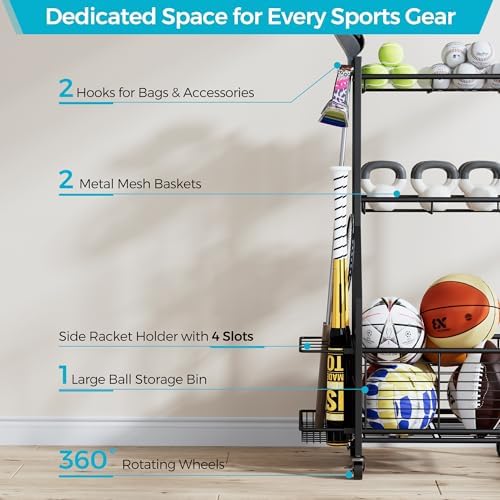 Sports Equipment Storage Rack with Wheels, 3-Tier Ball Organizer - Image 6