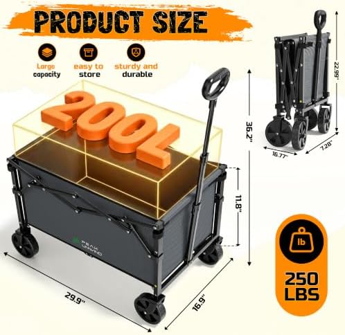220 lbs Foldable Wagon Cart with Wheels, Heavy Duty Collapsible Utility Wagon, Lightweight Portable Cart for Grocery Shopping, Garden, Camping and Sports - Image 2