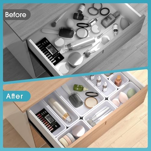 25 PCS Drawer Organizer Set, 4 Size Makeup Drawer Divider Organizer With Non-Slip Pads, Interlocking Plastic Storage Bins for Office,Jewelry Vanity,Gadgets, Bathroom,Kitchen, White - Image 6