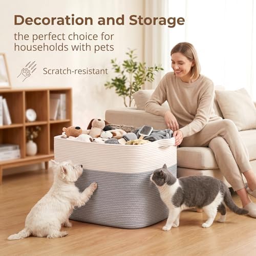 OIASKET 108L Cotton Rope Storage Basket for Living Room and Bedroom 25"x16"x16" Woven Laundry Basket, Heavy Duty Bin for Blankets, Pillows & Toys, Pet-Safe & Scratch-Free, Grey and White - Image 5