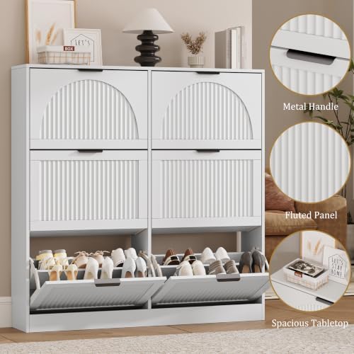 Fluted Shoe Storage Cabinet for Entryway, 6 Flip Drawers, White - Image 5