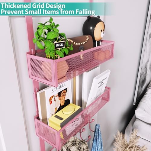 HapiRm Over The Door Hanger with Coat Hooks and 2 Baskets, Rustproof & Waterproof Pink Over The Door Hooks, Storage Organizer for Hats, Bathroom, Kitchen, Bedroom - Pink - Image 2