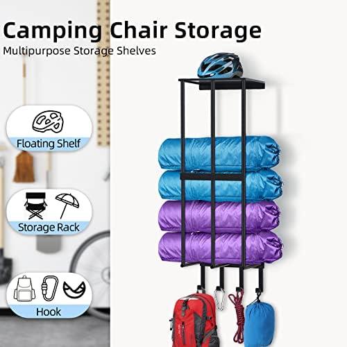 Camping Chair Wall Storage for Garage, Metal Camping Chair Storage Rack Wall Holder, Floating Shelf, 4 Hooks, Stainless Steel, Beach Chair Rack, Umbrella Holder, Garage Chair Organizer, Matte Black - Image 3
