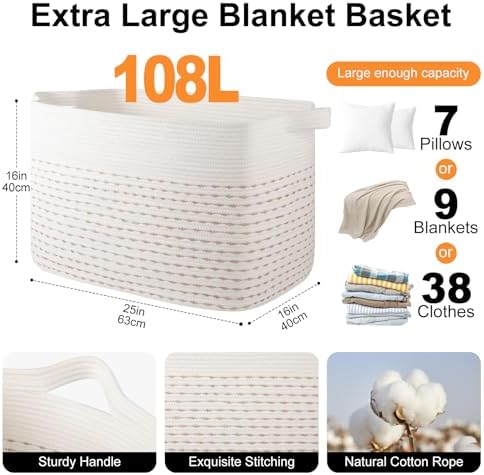 OIAHOMY 108L Extra Large Blanket Basket, 25”x16”x16” Rectangle Woven Cotton Rope Baskets for Living Room, Toy Storage with Handle- Light Yellow & White - Image 3