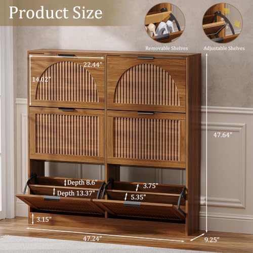 Fluted Shoe Storage Cabinet for Entryway, 6 Flip Drawers, Walnut - Image 2