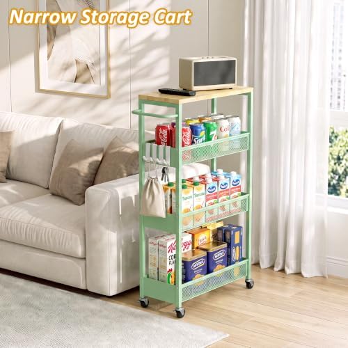 7.1" Wide Slim Storage Cart on Wheels, 4 Tier Metal Narrow Rolling Cart with Handle and Wood Top, Multifunctional Small Mobile Shelf Unit Organizer Trolley for Laundry, Bathroom, Kitchen - Image 4