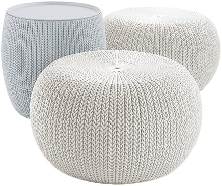 Keter Urban Knit Pouf Ottoman Set of 2 with Storage Table for Patio and Room Décor - Perfect for Balcony, Deck, and Outdoor Seating, Grey & White by Unknown