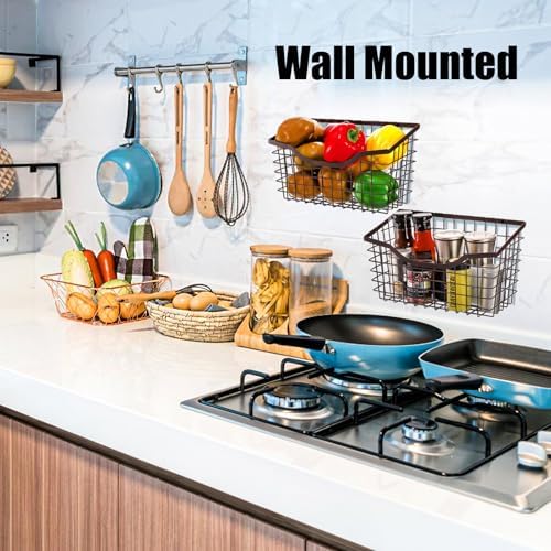 Nicunom 2 Pack Cabinet & Wall Mount Basket, Large Metal Wire Basket Wall Mount Hanging Basket Over Cabinet Door Organizer Bin Grid Storage Baskets for Home Kitchen Bathroom Pantry, Bronze - Image 5