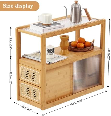 Tiita Rattan Nightstand, Bamboo End Table with Glass Top & Storage, Wood - Image 2