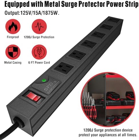 YYR Power Tool Organizer with Charging Station Wall Mount, Cordless Drill and Battery Holder for Garage Organization, Electric Tools Storage Rack Build in Surge Protection Power Strip - Red Shelf - Image 2