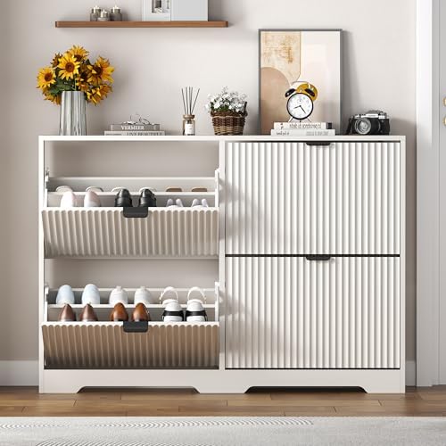 Shoe Cabinet Storage for Entryway with 4 Flip Drawers, White Fluted Shoe Cabinet with Adjustable Shelves, Wooden Hidden Shoes Rack Freestanding Narrow Slim Shoes Storage for Hallway, Entrance - Image 3