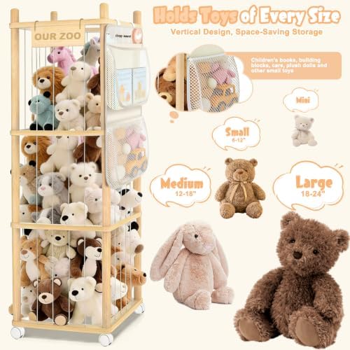 Stuffed Animal Storage Kids, Wood Stuffed Animal Zoo Storage with Brake Wheels, Stuffed Animal Organizer with Elastic Cords for Kids, Perfect for Nursery Playroom Kidroom Bedroom - Image 5