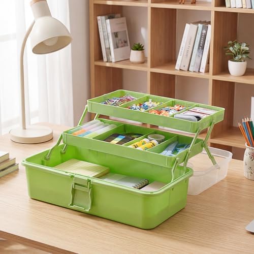 BTSKY 3-Layer Foldable Craft Organizer, Portable Tackle Box with Handle & Adjustable Dividers, Multi-Purpose Toolbox for Art Supplies, Sewing, Medicine, 12.2x6.7x5.7 Inch, Light Green - Image 2